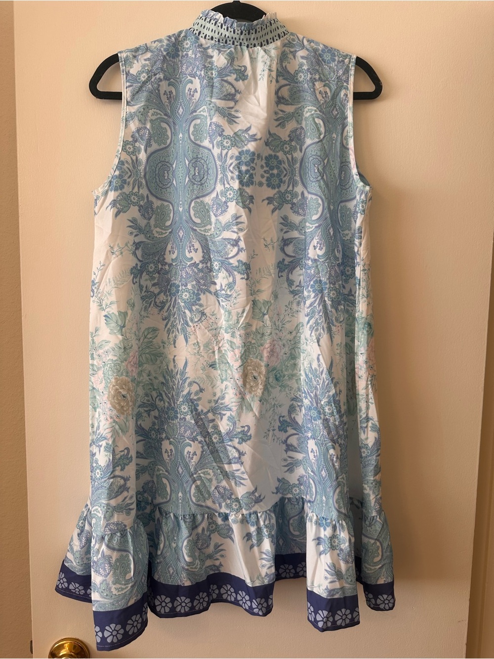 SHEIN Light Blue and White Paisley Sleeveless Ruffle-Hem Dress